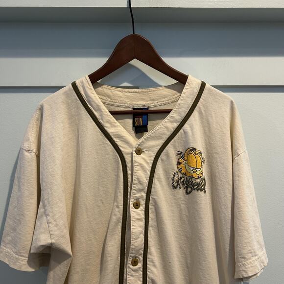 Vintage Garfield Shirt Large Beige Baseball Jersey Button Front Graphic 90s READ - Picture 5 of 16